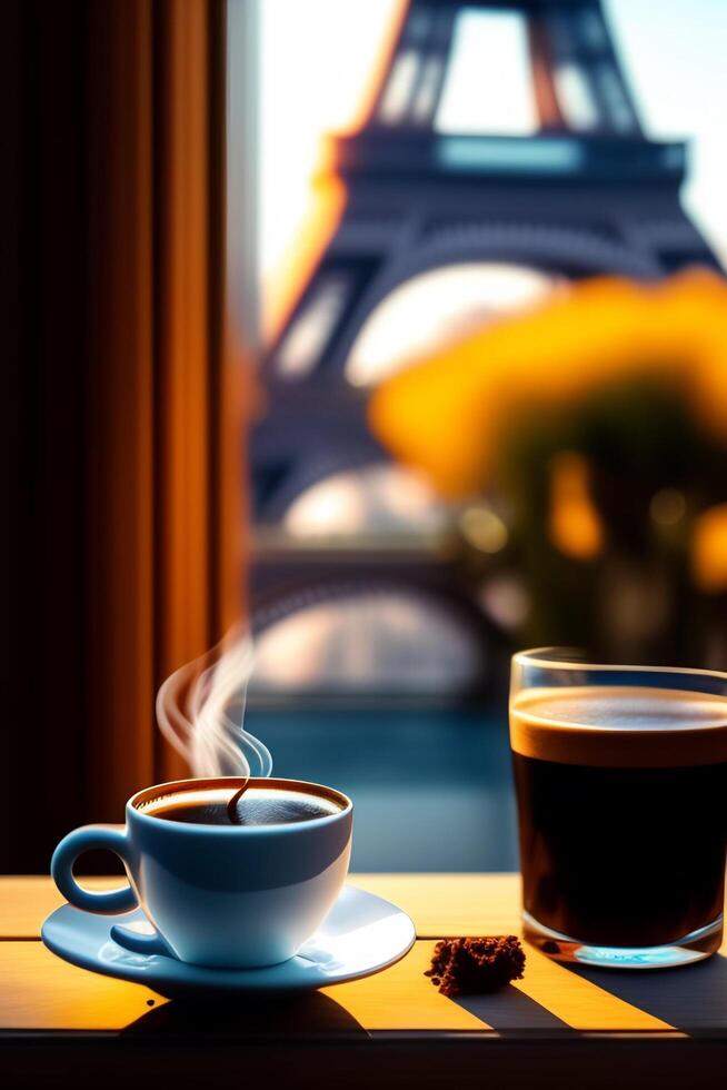 Kaffee Tasse im Vorderseite von ein beleuchtet Straße mit das Eiffel Turm im das Hintergrund, generativ ai foto