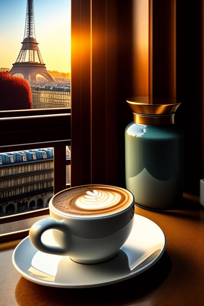 Kaffee Tasse im Vorderseite von ein beleuchtet Straße mit das Eiffel Turm im das Hintergrund, generativ ai foto