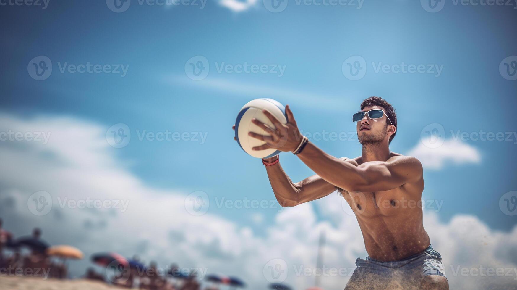 Strand Volleyball Spieler im Aktion beim sonnig Tag unter Blau Himmel, generativ ai foto