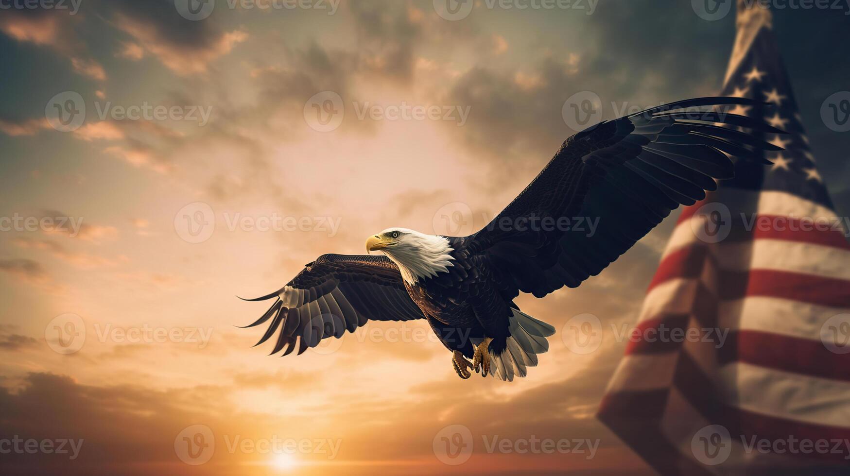 Adler mit amerikanisch Flagge fliegt im Freiheit beim Sonnenuntergang - - Jahrgang getönt, generativ ai foto