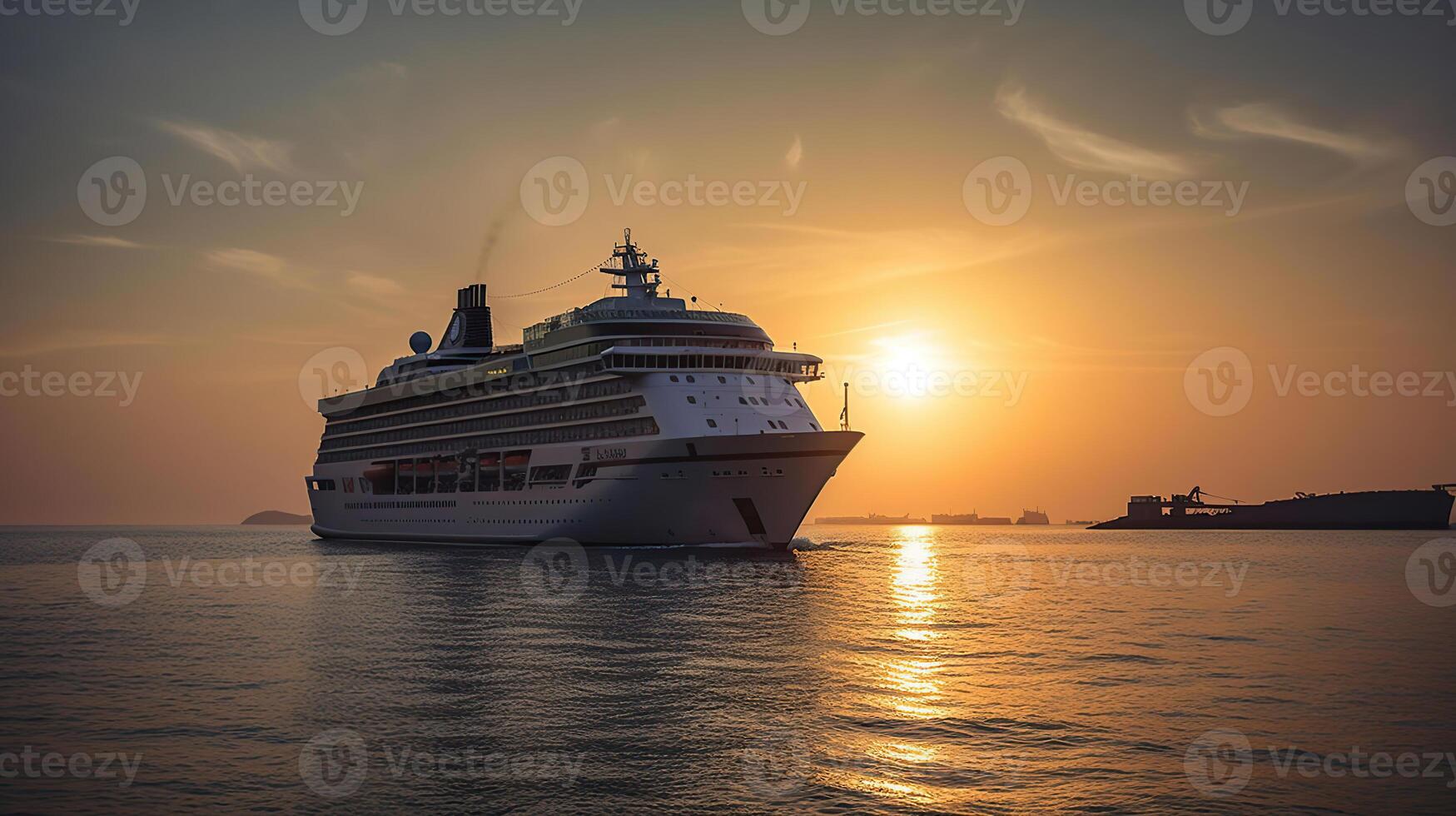 Luxus Kreuzfahrt Schiff Segeln zu Hafen auf Sonnenaufgang, generativ ai foto