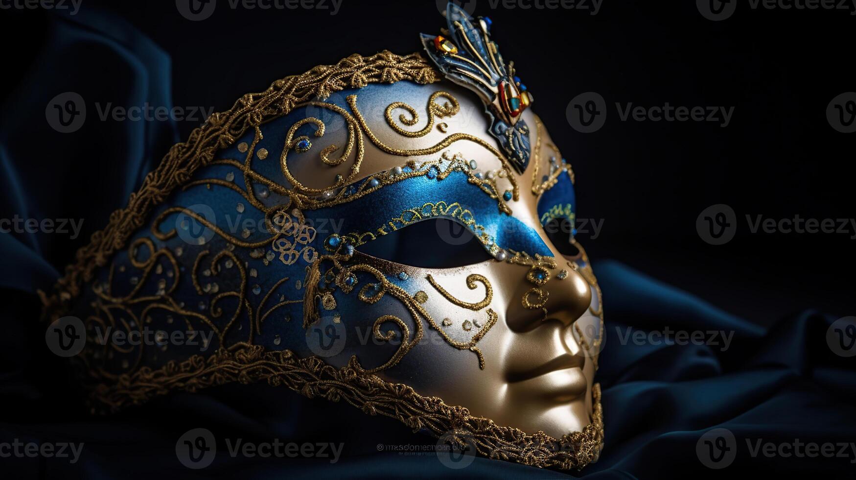 elegant und zart venezianisch Maske Über Blau dunkel Hintergrund, generativ ai foto