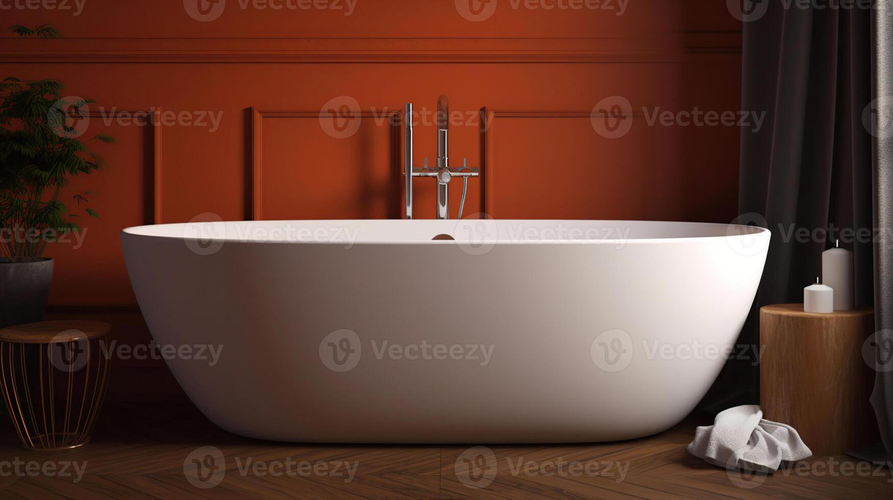 modern Keramik Badewanne und klein Tabelle in der Nähe von braun Mauer im Zimmer, generativ ai foto