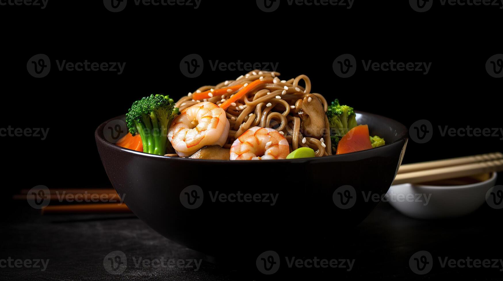 rühren braten Nudeln mit Rindfleisch und Gemüse im schwarz Schüssel. asiatisch Stil Essen, generativ ai foto