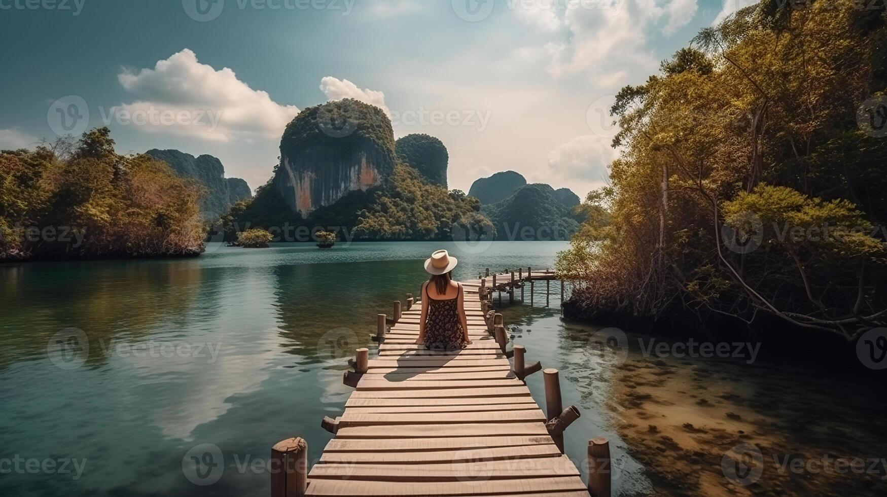 Reisender Frau Freude entspannend auf Holz Brücke im schön Ziel Insel, phang-nga Bucht, Abenteuer Lebensstil Reise Thailand, Tourismus Natur Landschaft Asien, Tourist auf Sommer- Urlaub, generativ ai foto