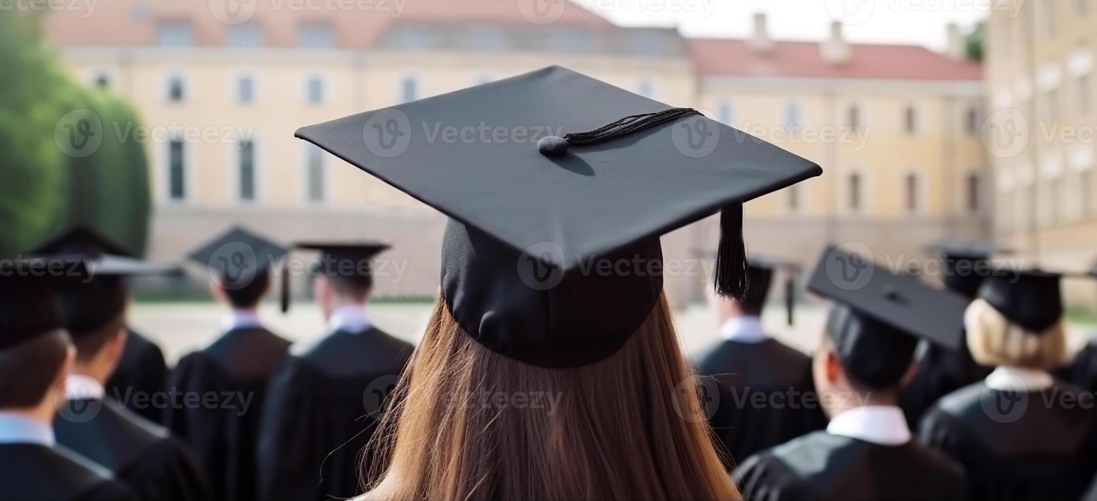 ai generiert Rückseite Aussicht von Mädchen oder jung Frau im schwarz akademisch Deckel und Kleid und andere Studenten auf Hintergrund von Universität oder Hochschule beim Abschluss Zeremonie Bildung Konzept generativ ai foto