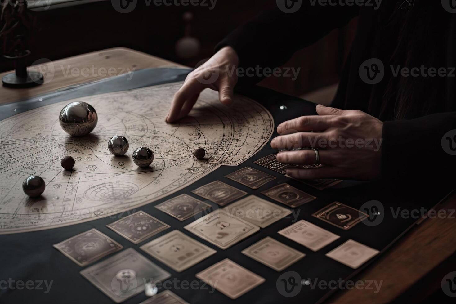 männlich Hände halten Tarot Karten. Astrologe berechnet Natal Diagramm und macht ein Vorhersage. generativ ai foto