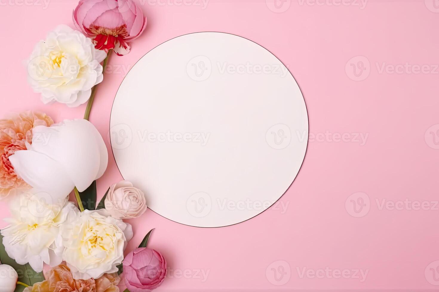 das oben Aussicht Flatlay Illustration von ein Weiß Kreis mit Pfingstrose und Rosen. generativ ai foto