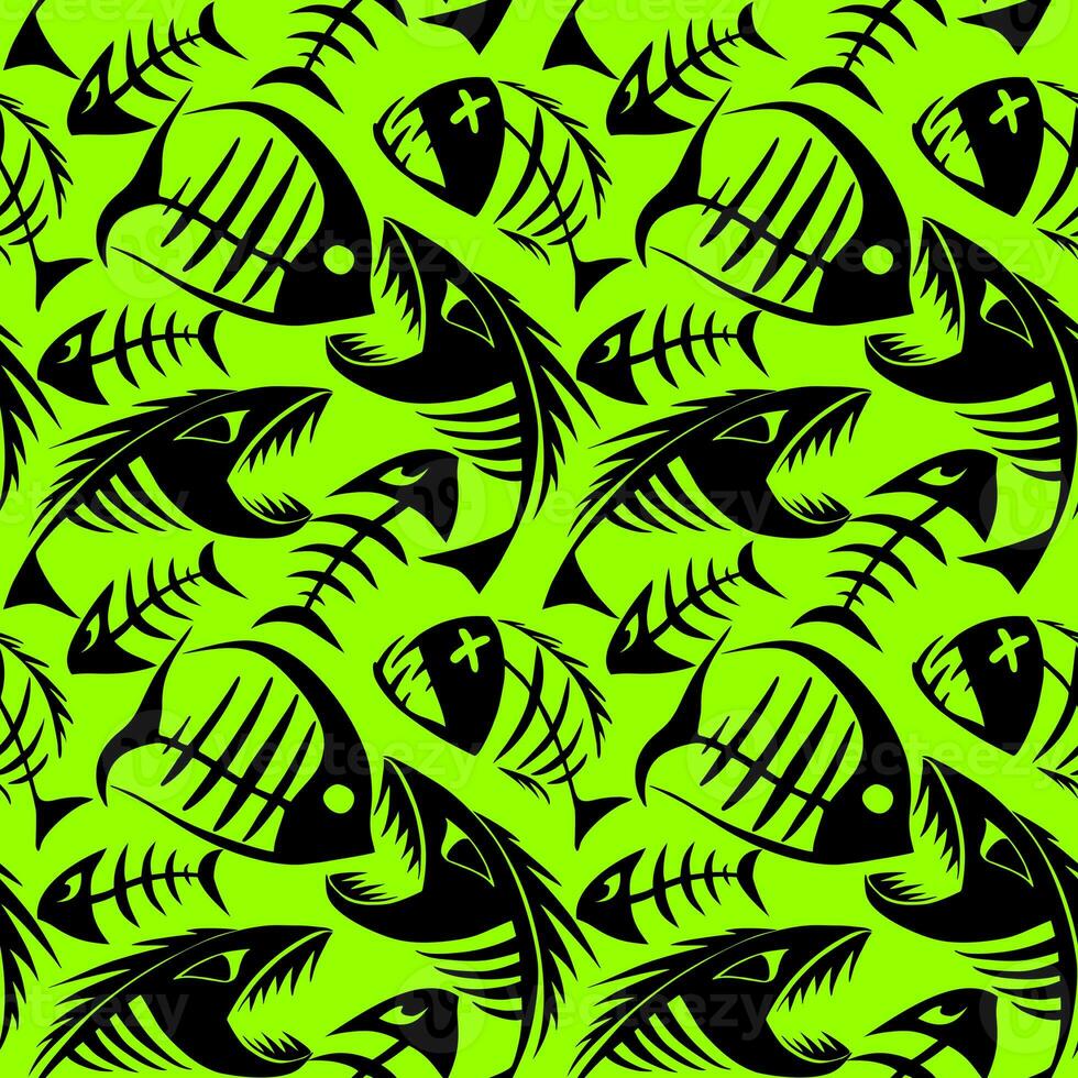 Helles, nahtloses Muster aus schwarzen grafischen Fischskeletten auf grünem Hintergrund, Textur, Design foto