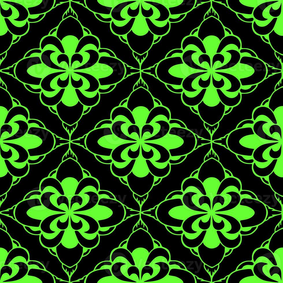 nahtlos Fliesen Muster von abstrakt geometrisch Grün Elemente auf schwarz Hintergrund, Textur, Design foto