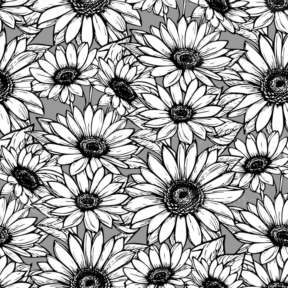 nahtlos Muster von groß schwarz und Weiß Blumen auf ein grau Hintergrund, Textur, Design foto