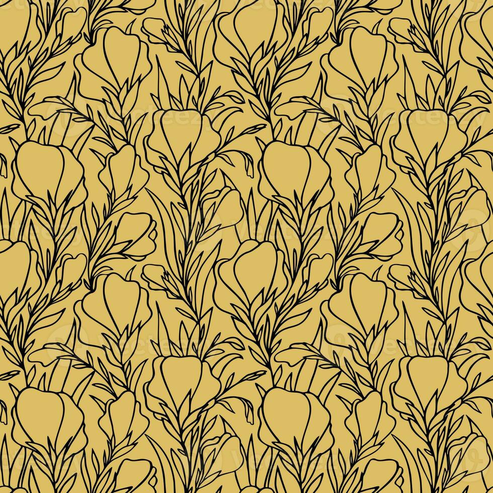 einfach zweifarbig nahtlos Muster von schwarz groß Konturen von Blumen auf ein Gold Hintergrund, Textur, Design foto