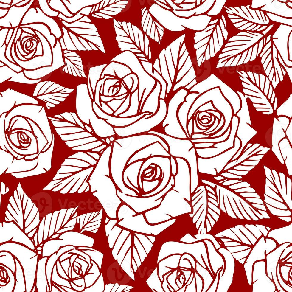 nahtlos Weiß asymmetrisch Muster von Rose Konturen auf ein rot Hintergrund, Textur, Design foto