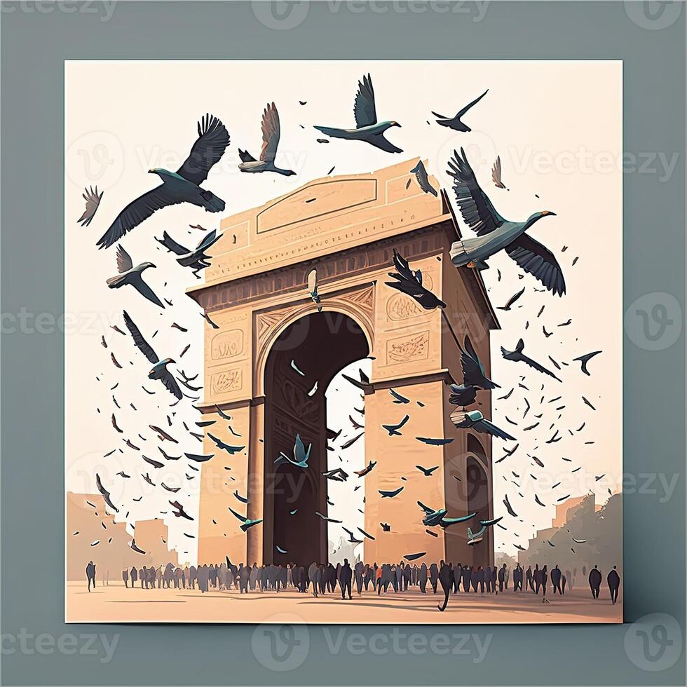 Illustration von Indien Tor im Neu Delhi auf abstrakt Flagge dreifarbig Hintergrund. ai generiert. foto
