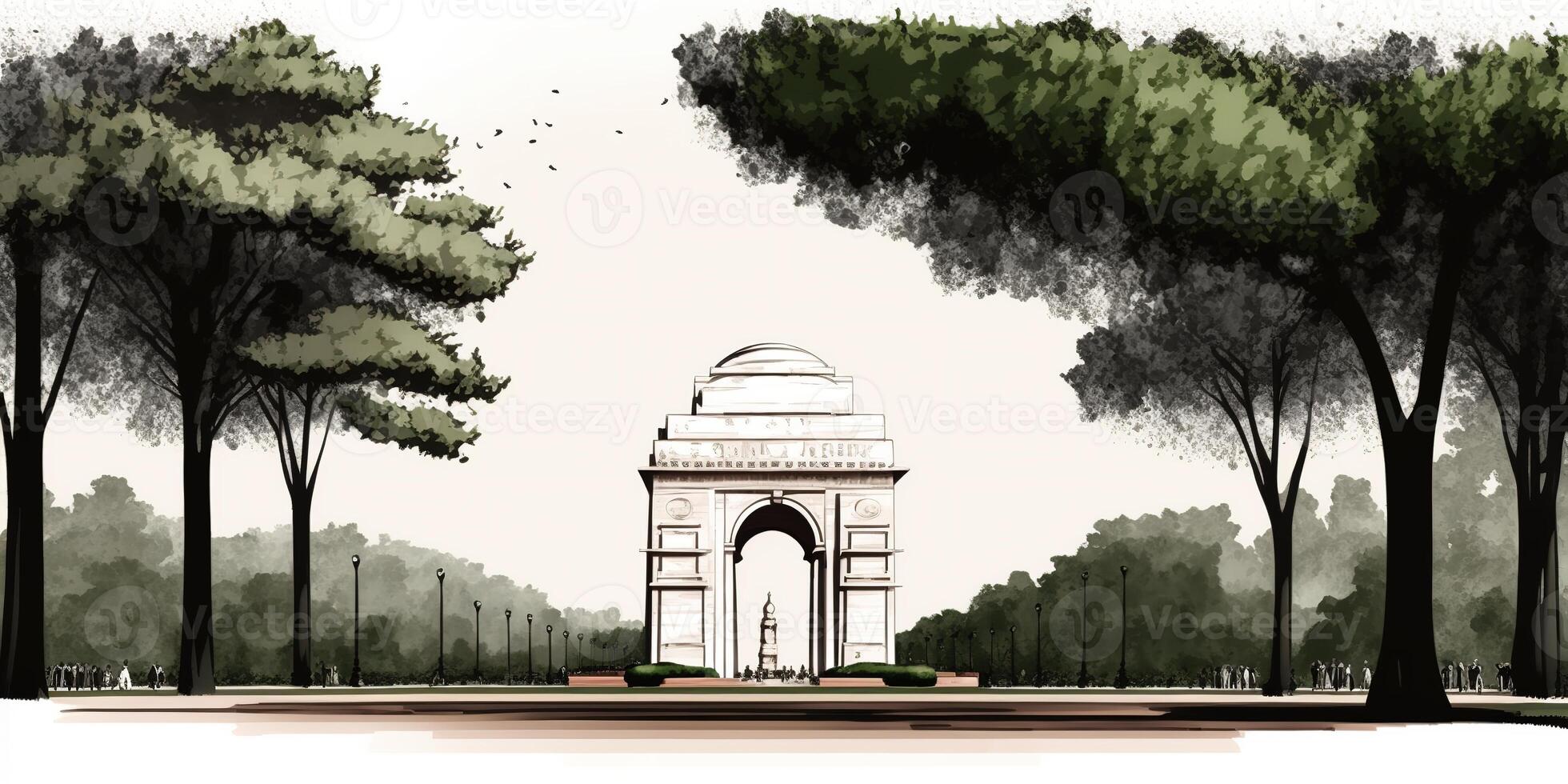 Illustration von Indien Tor im Neu Delhi auf abstrakt Flagge dreifarbig Hintergrund. ai generiert. foto