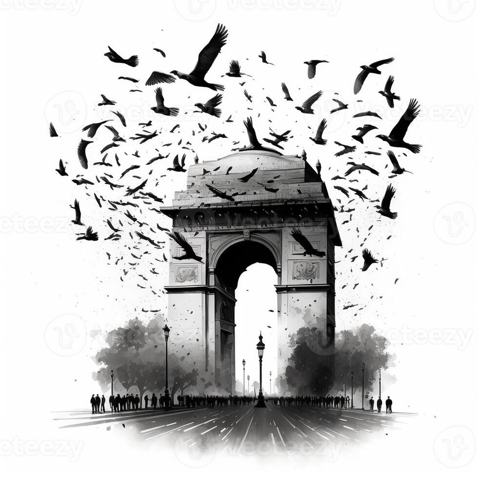 Illustration von Indien Tor im Neu Delhi auf abstrakt Flagge dreifarbig Hintergrund. ai generiert. foto