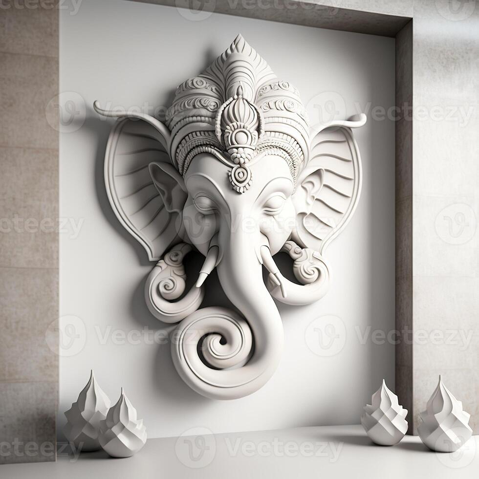 ein Weiß ummauert Zimmer mit ein Statue von ein indisch mythologisch Gott Herr Ganesha wie Wandgemälde. ai generiert. foto