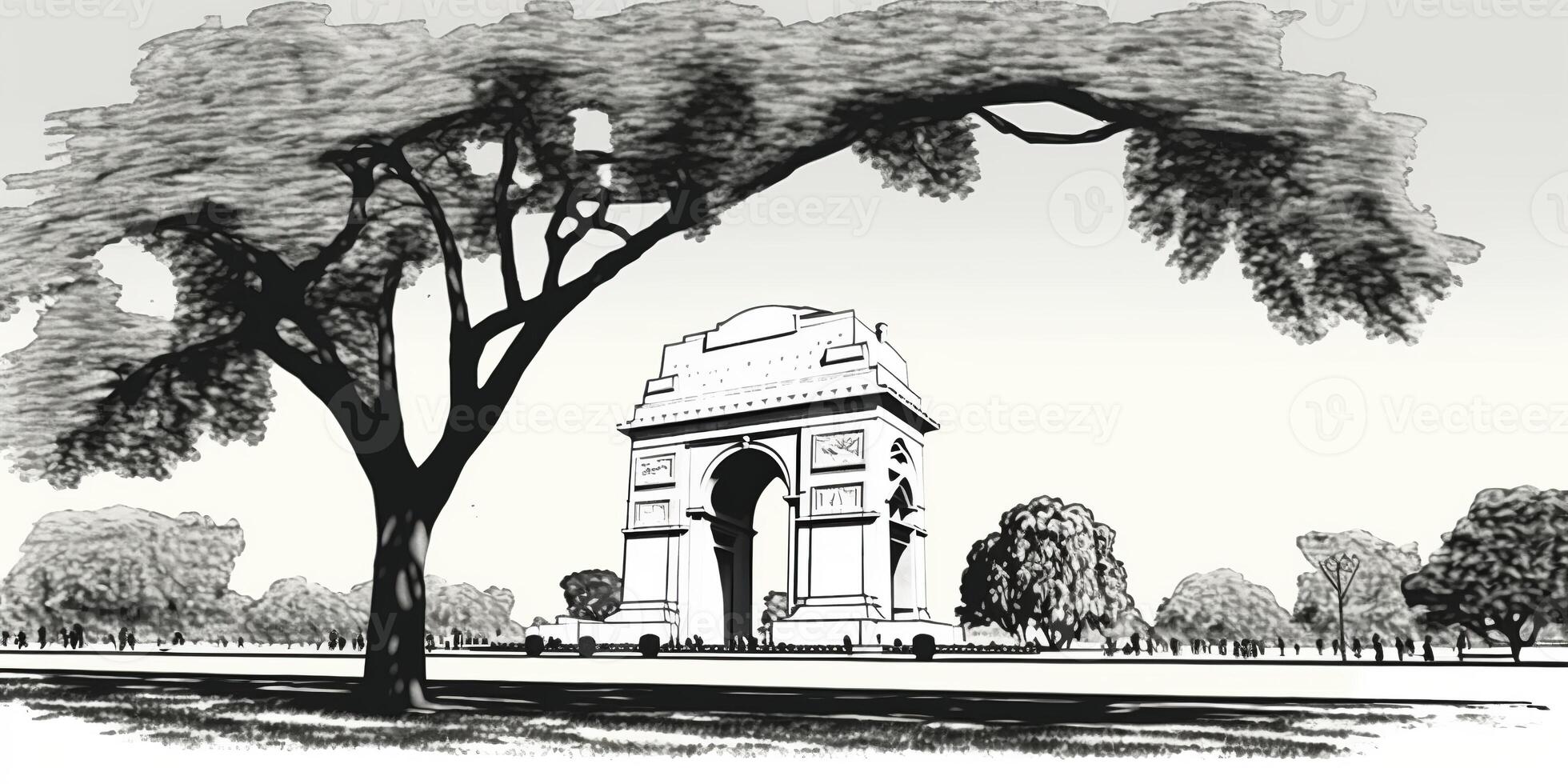 Illustration von Indien Tor im Neu Delhi auf abstrakt Flagge dreifarbig Hintergrund. ai generiert. foto