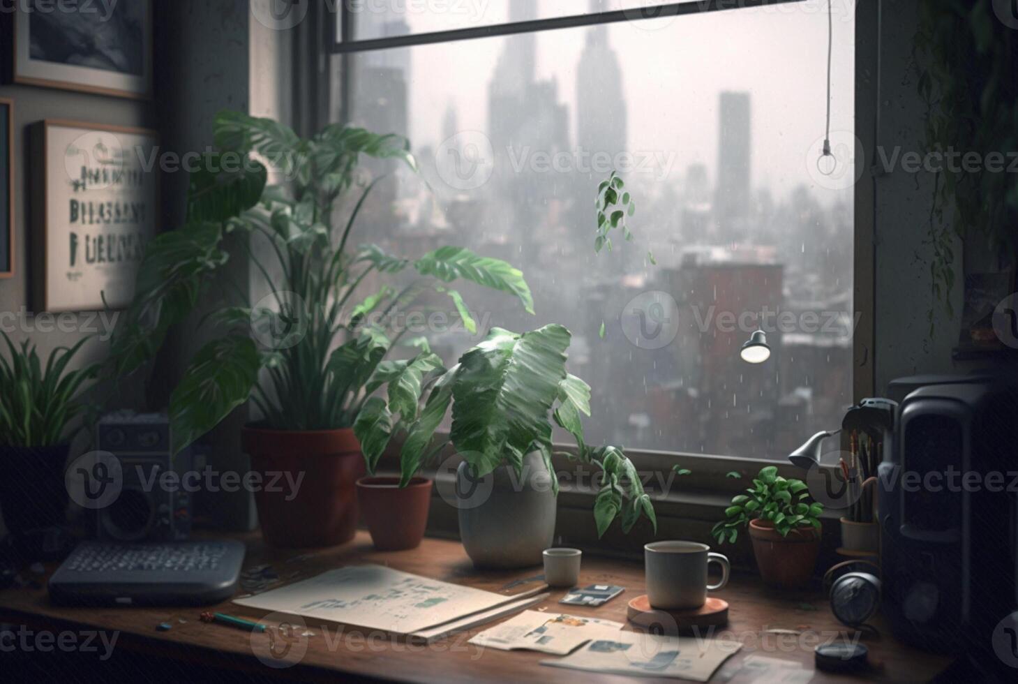 ein Tabelle mit ein Buch und ein Pflanze auf es im Vorderseite von ein Fenster mit ein Aussicht von das Stadt draußen das regnerisch Fenster. generativ ai foto