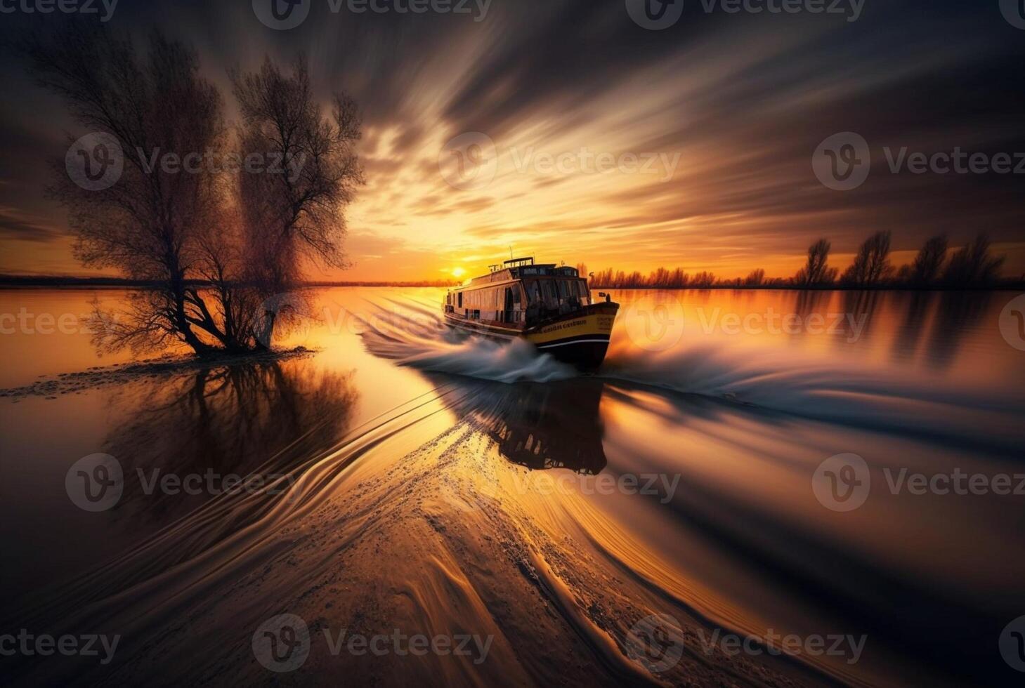 Landschaft Aussicht von Schiff auf Fluss und Sonnenuntergang, generativ ai foto