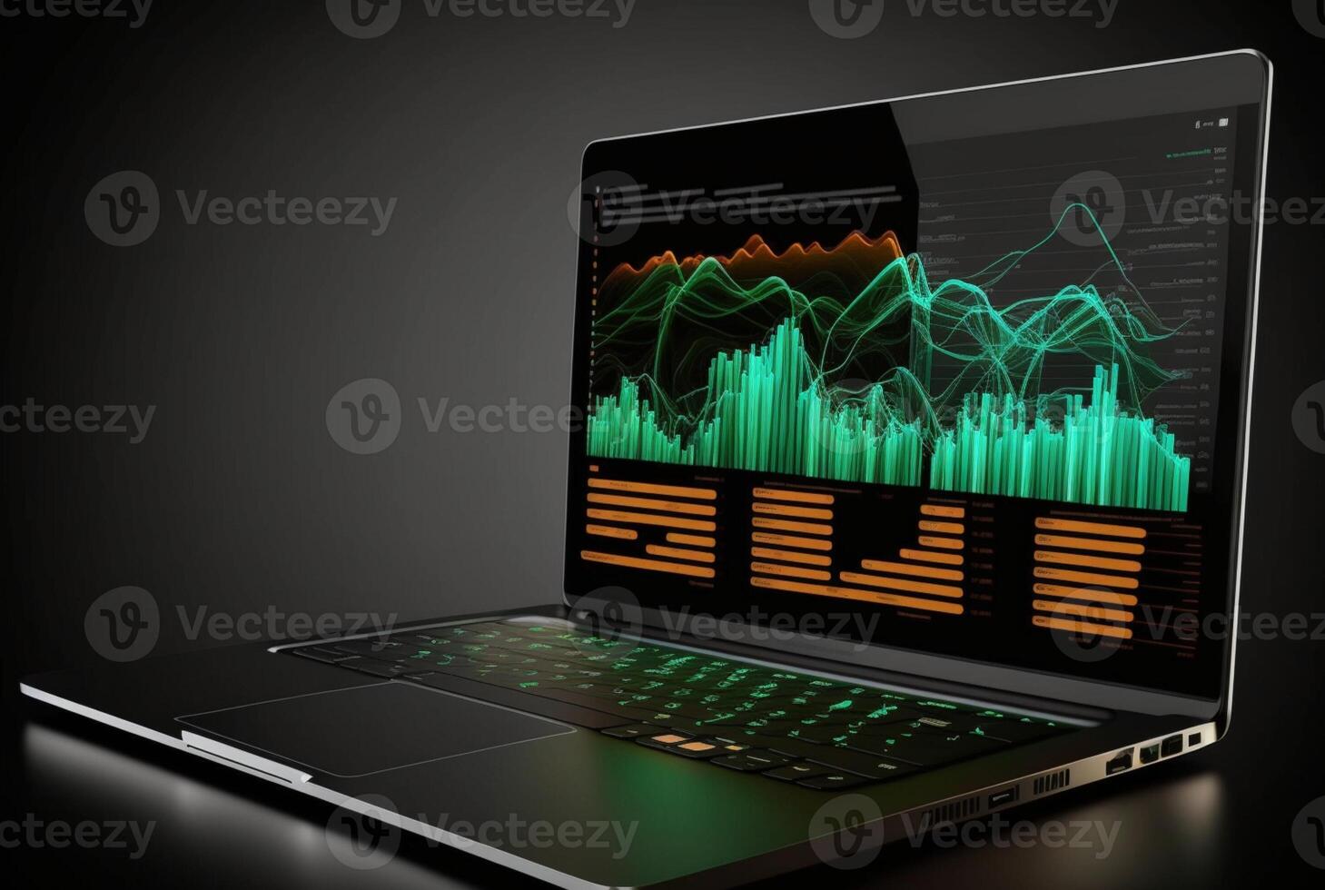 Laptop mit Daten Analytik isoliert schwarz Hintergrund. generativ ai foto