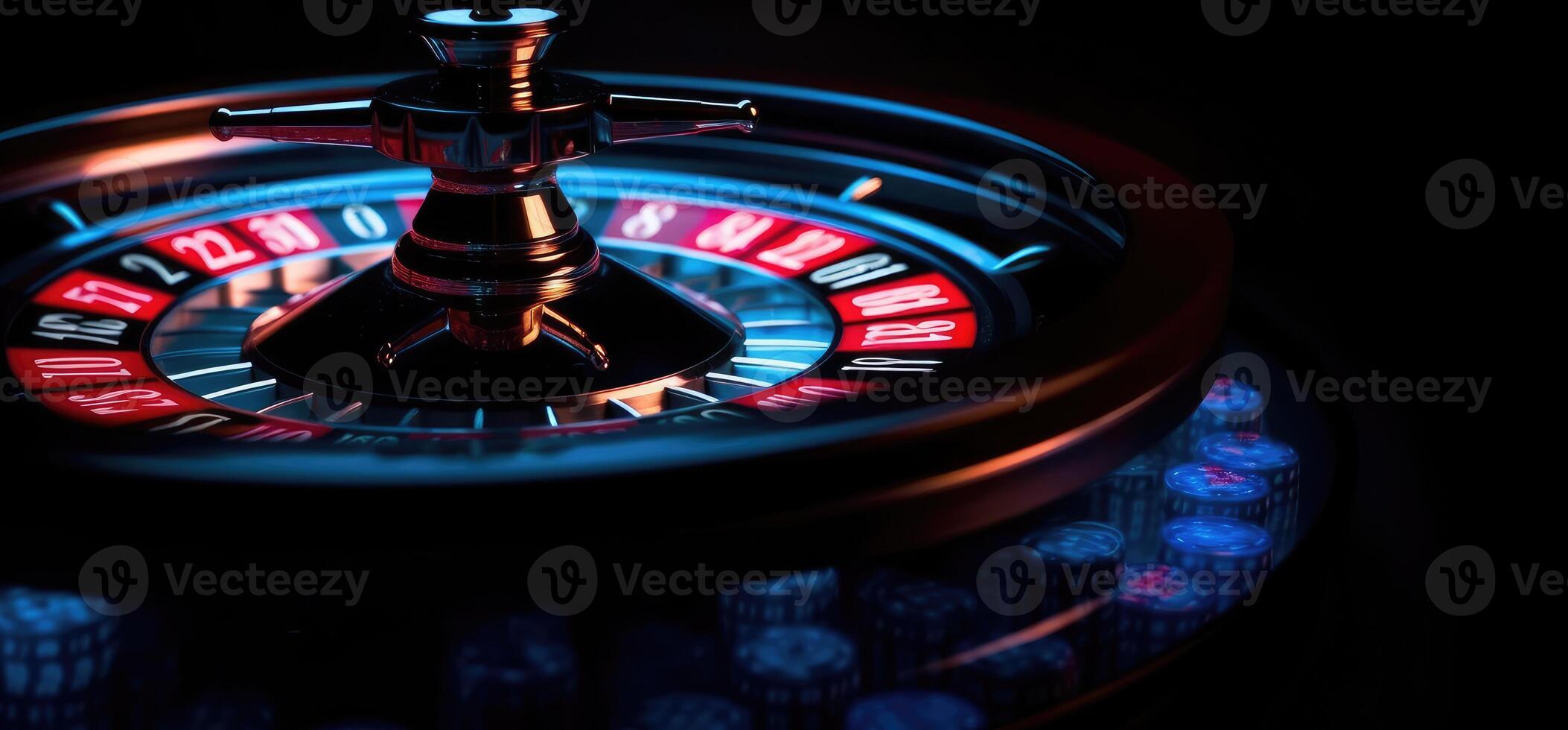 Roulette Rad mit Blau Hintergrund und Beleuchtung, Kasino Foto. generativ ai foto
