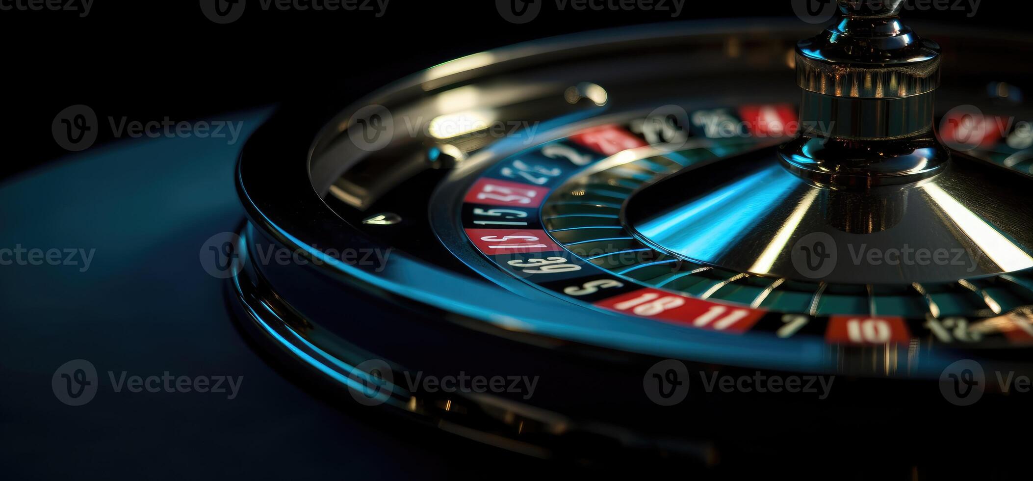 Roulette Rad mit Blau Hintergrund und Beleuchtung, Kasino Foto. generativ ai foto