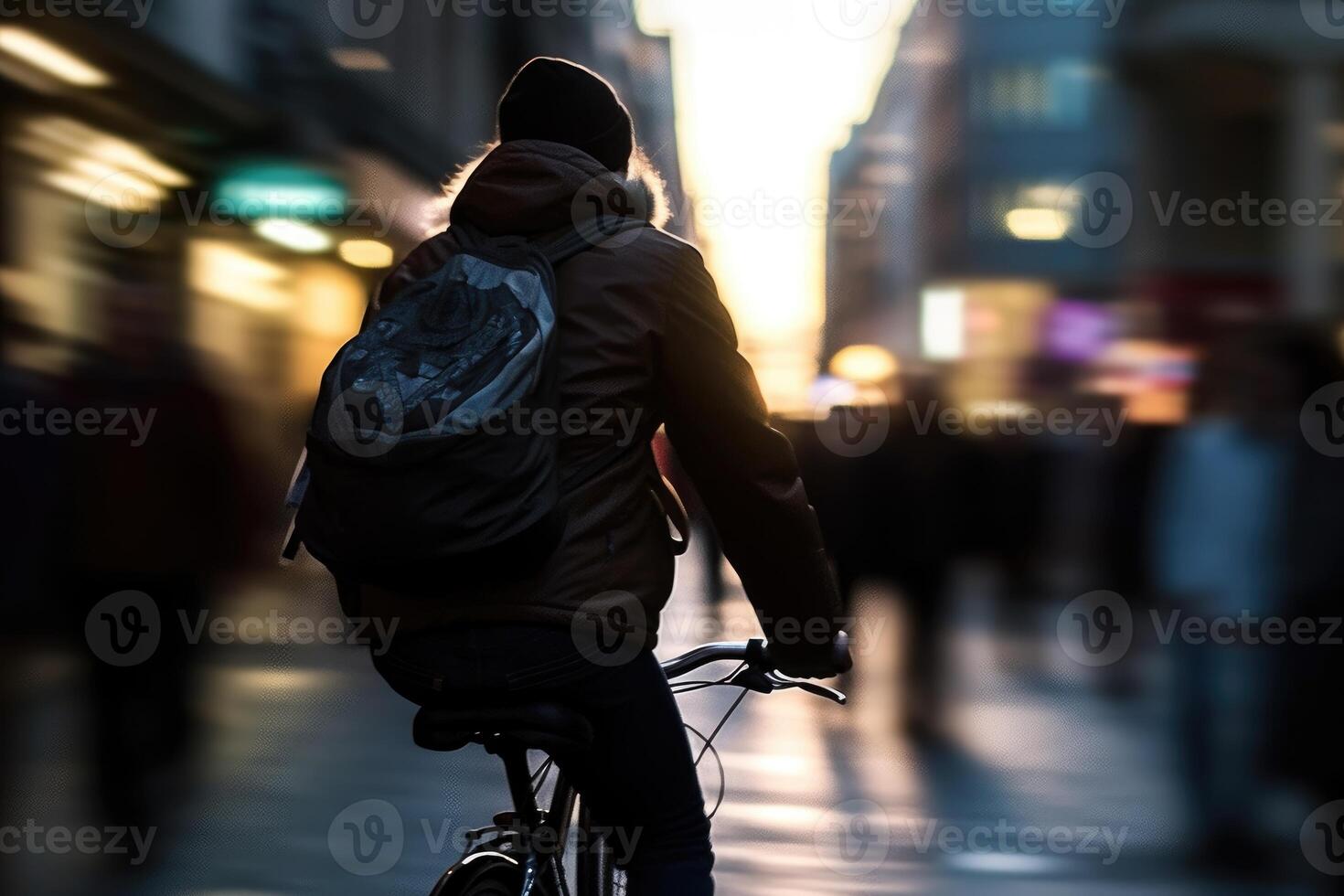 Foto von ein Person Reiten ein Fahrrad im das Stadt Menge unter das Beleuchtung beim Nacht im das Stadt, und unter das Menschenmassen von Personen. generativ ai.