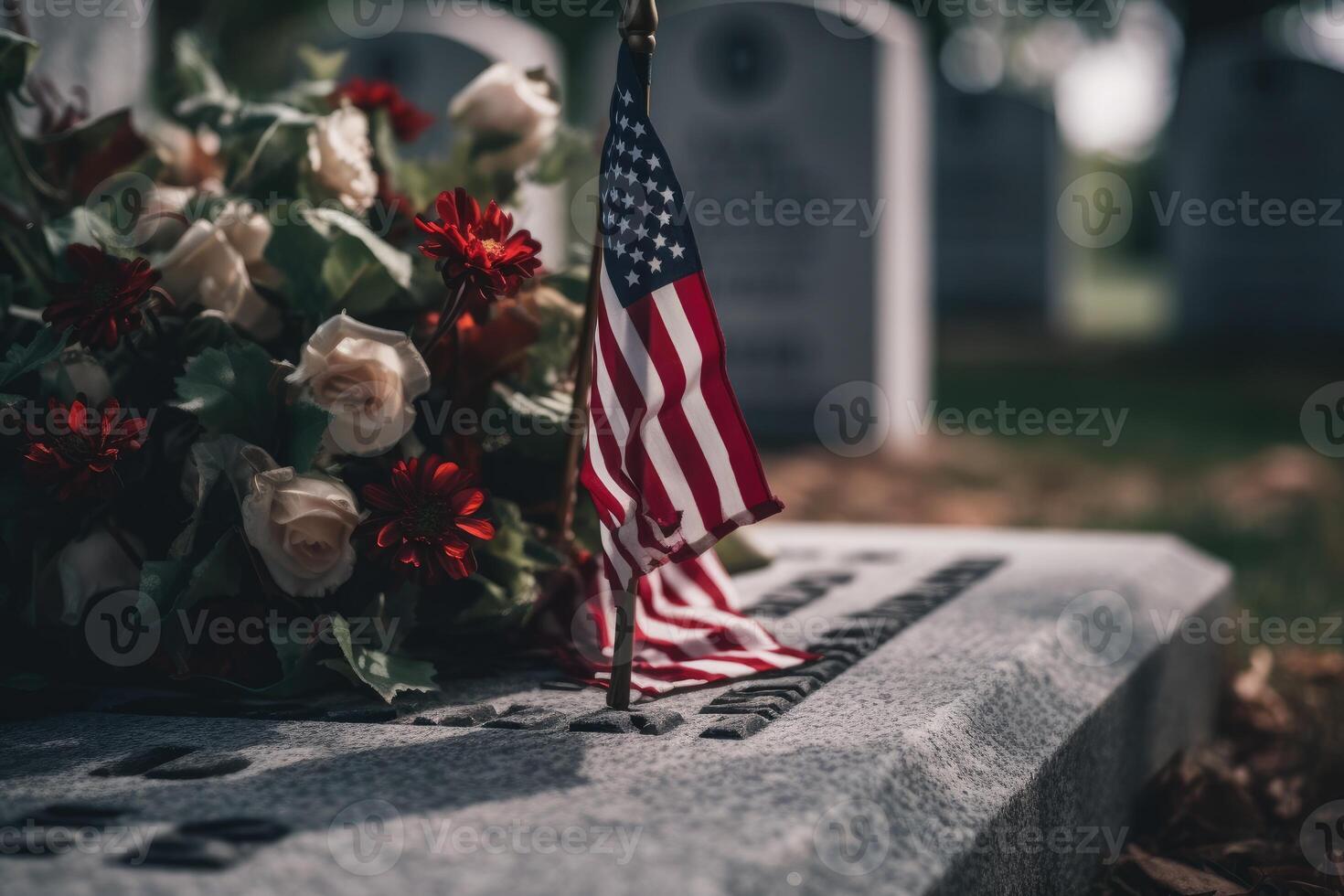 Denkmal Tag Foto mit amerikanisch Flaggen im das Friedhof. generativ ai