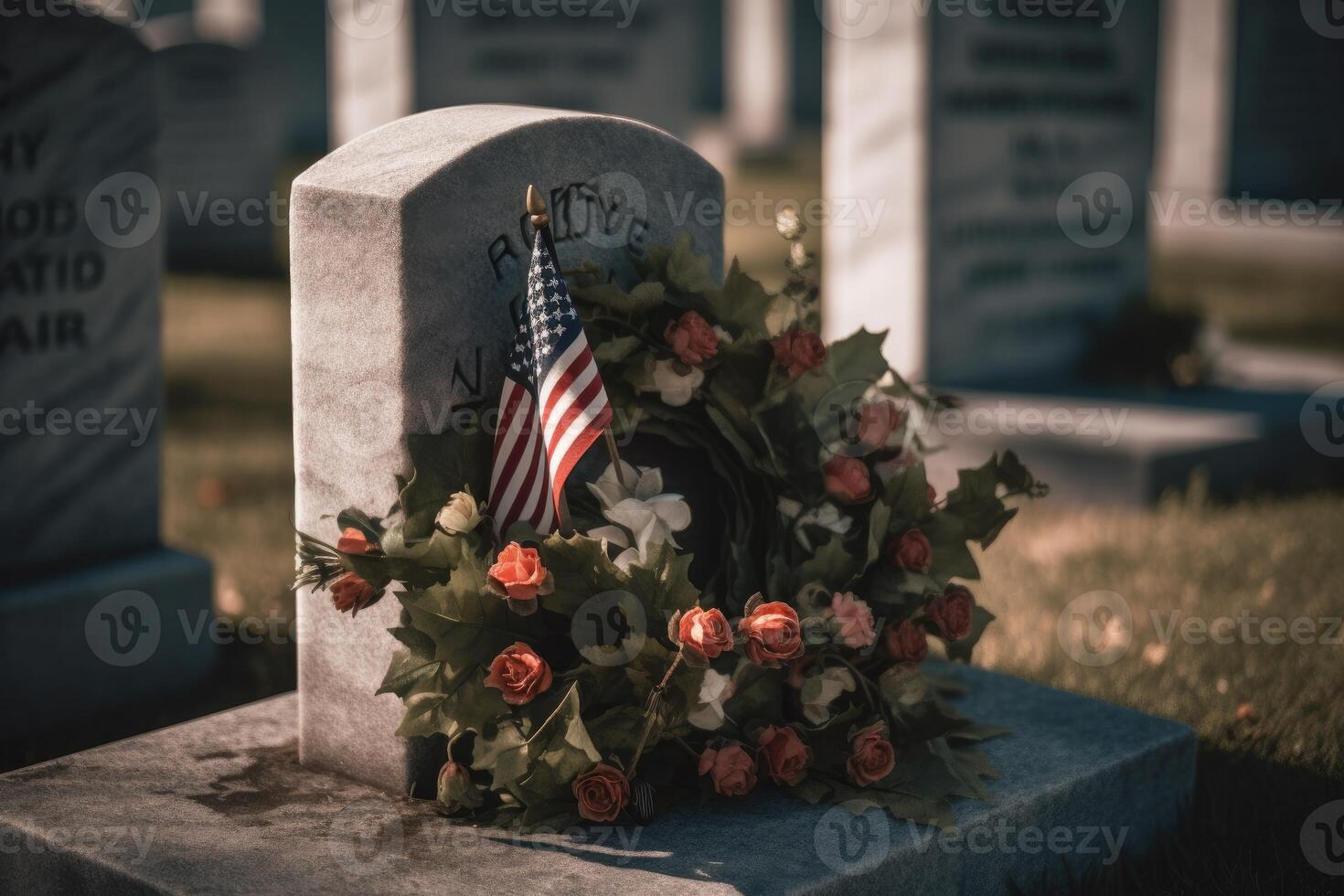 Denkmal Tag Foto mit amerikanisch Flaggen im das Friedhof. generativ ai