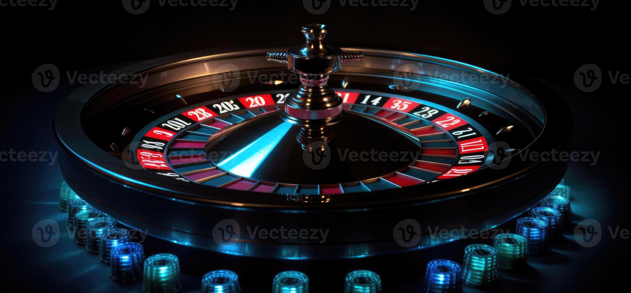 Roulette Rad mit Blau Hintergrund und Beleuchtung, Kasino Foto. generativ ai foto