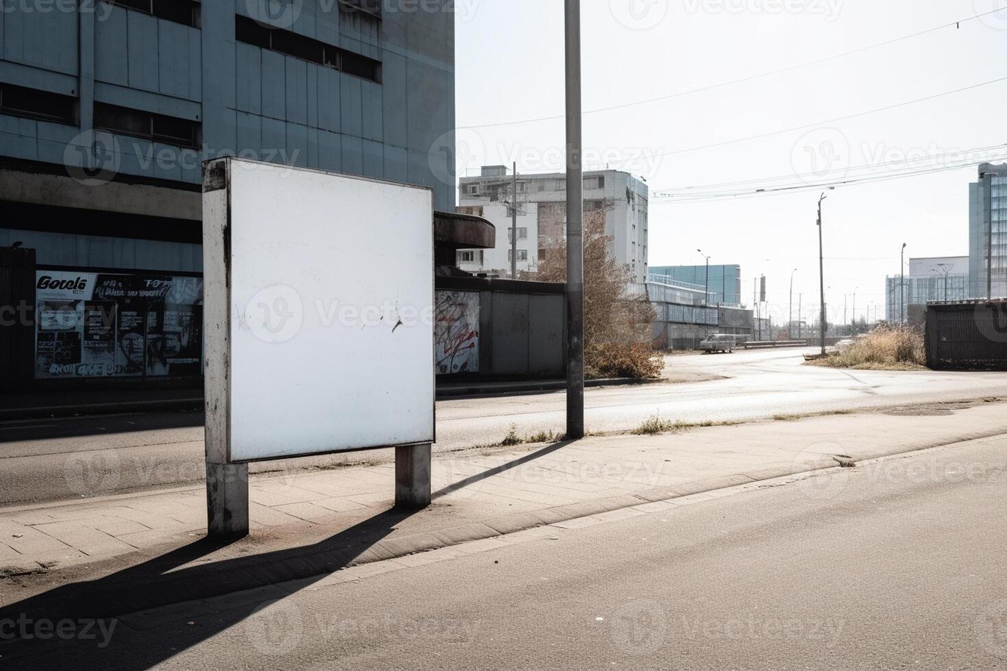 ai generativ ein leer Weiß Plakatwand Attrappe, Lehrmodell, Simulation auf ein Bürgersteig im ein Stadt foto