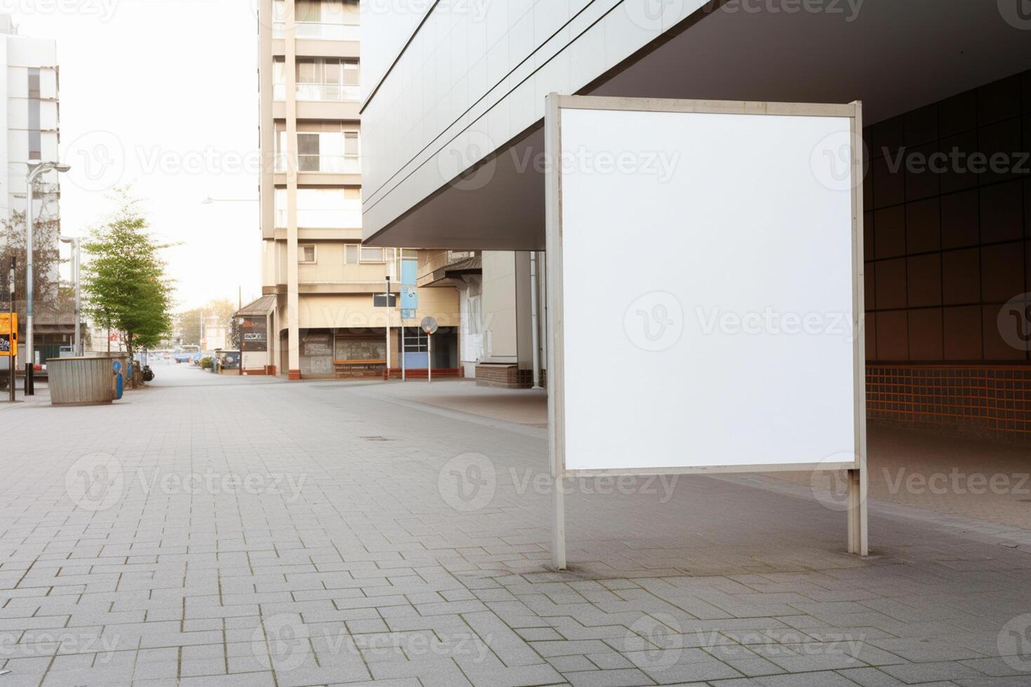 ai generativ ein leer Weiß Plakatwand Attrappe, Lehrmodell, Simulation auf ein Bürgersteig im ein Stadt foto