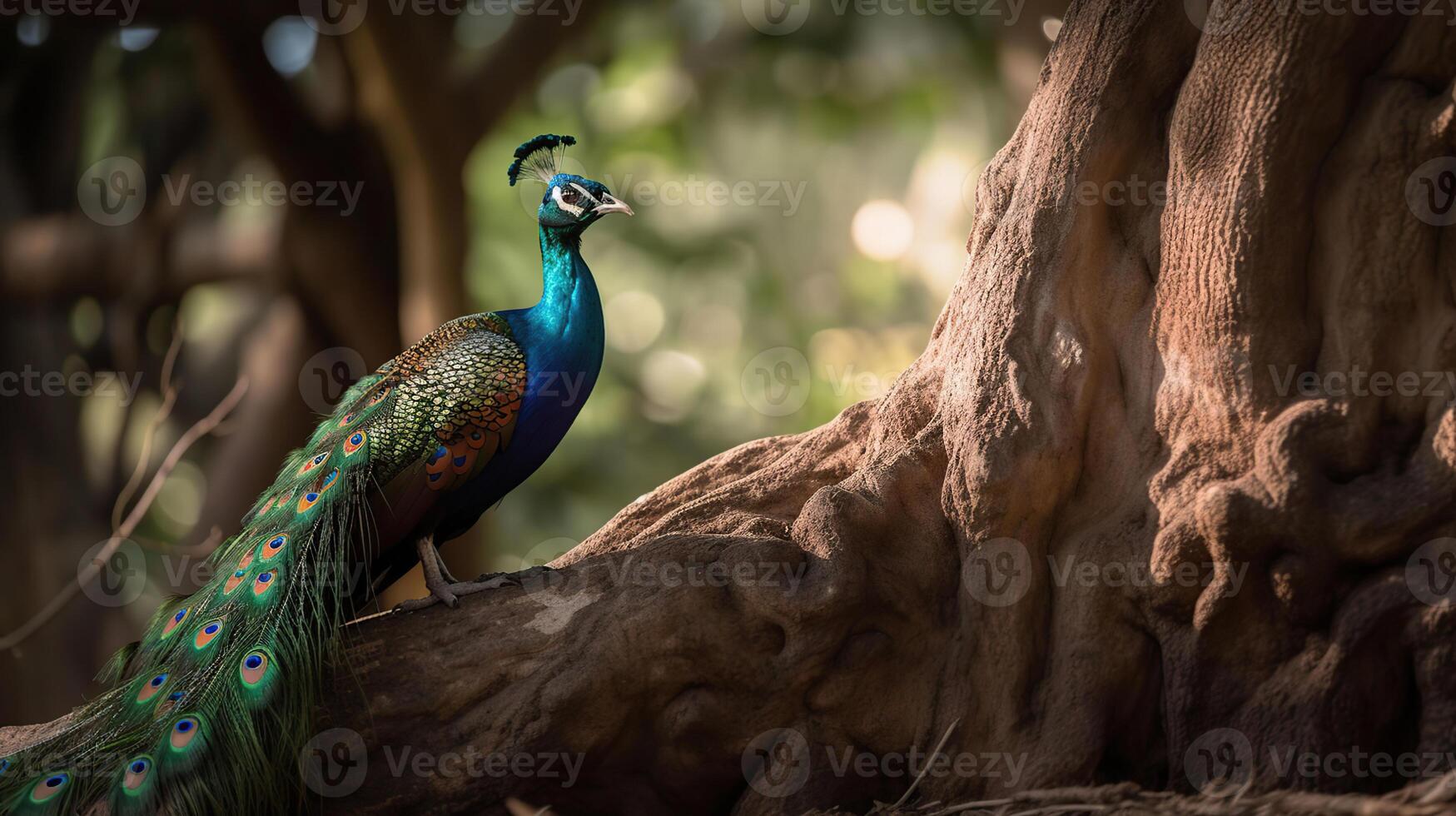 schön Pfau Sitzung auf ein Baum mit öffnen Gefieder, generativ ai foto