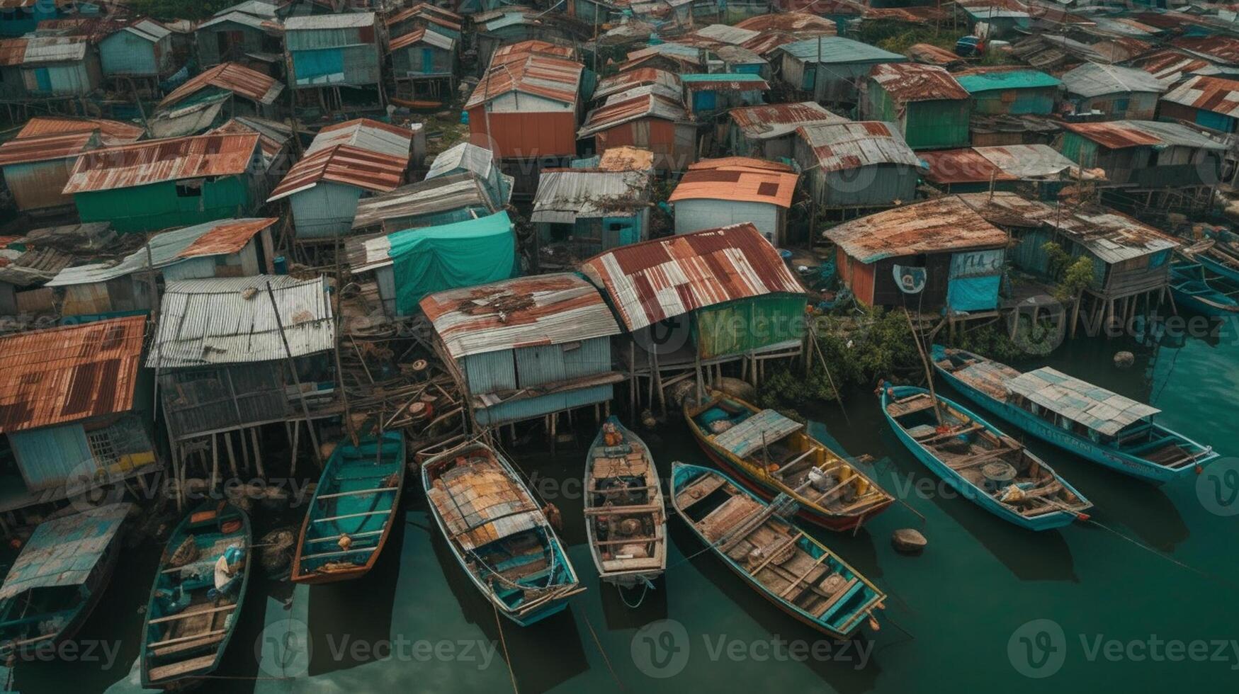 ai generativ Antenne Aussicht von Seehafen mit klein Angeln Boote foto