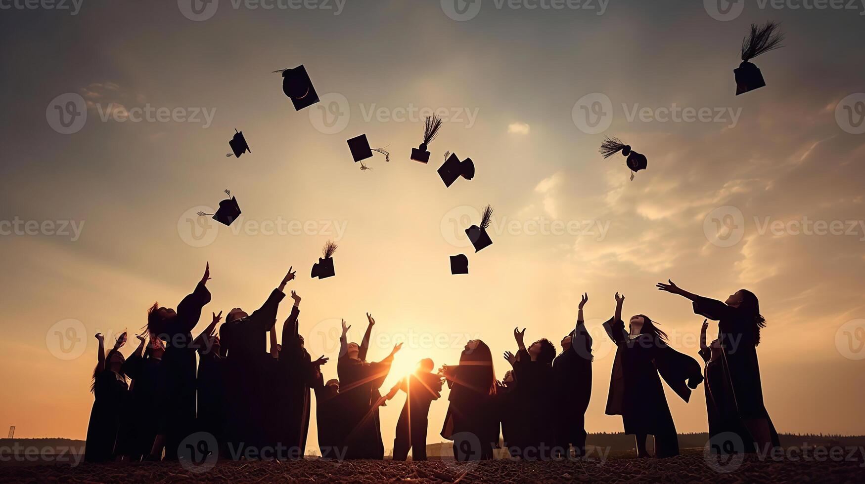 Ausbildung, Abschluss und Menschen Konzept - - Silhouetten von viele glücklich Studenten im Kleider werfen Mörtelbretter im Luft, generativ ai foto