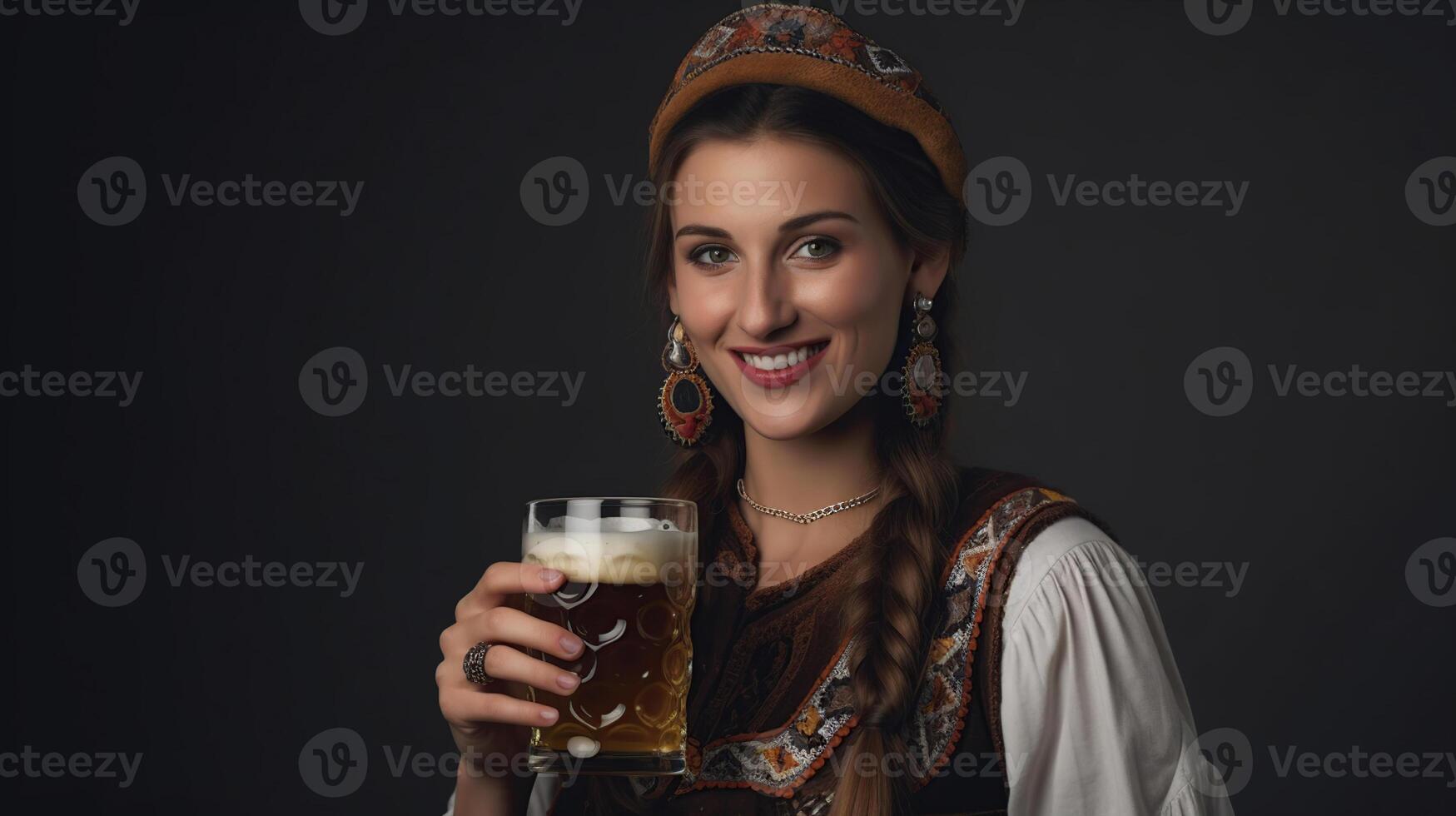 schön Frau im traditionell Deutsche Kostüm und mit Becher von Bier zeigen, generativ ai foto