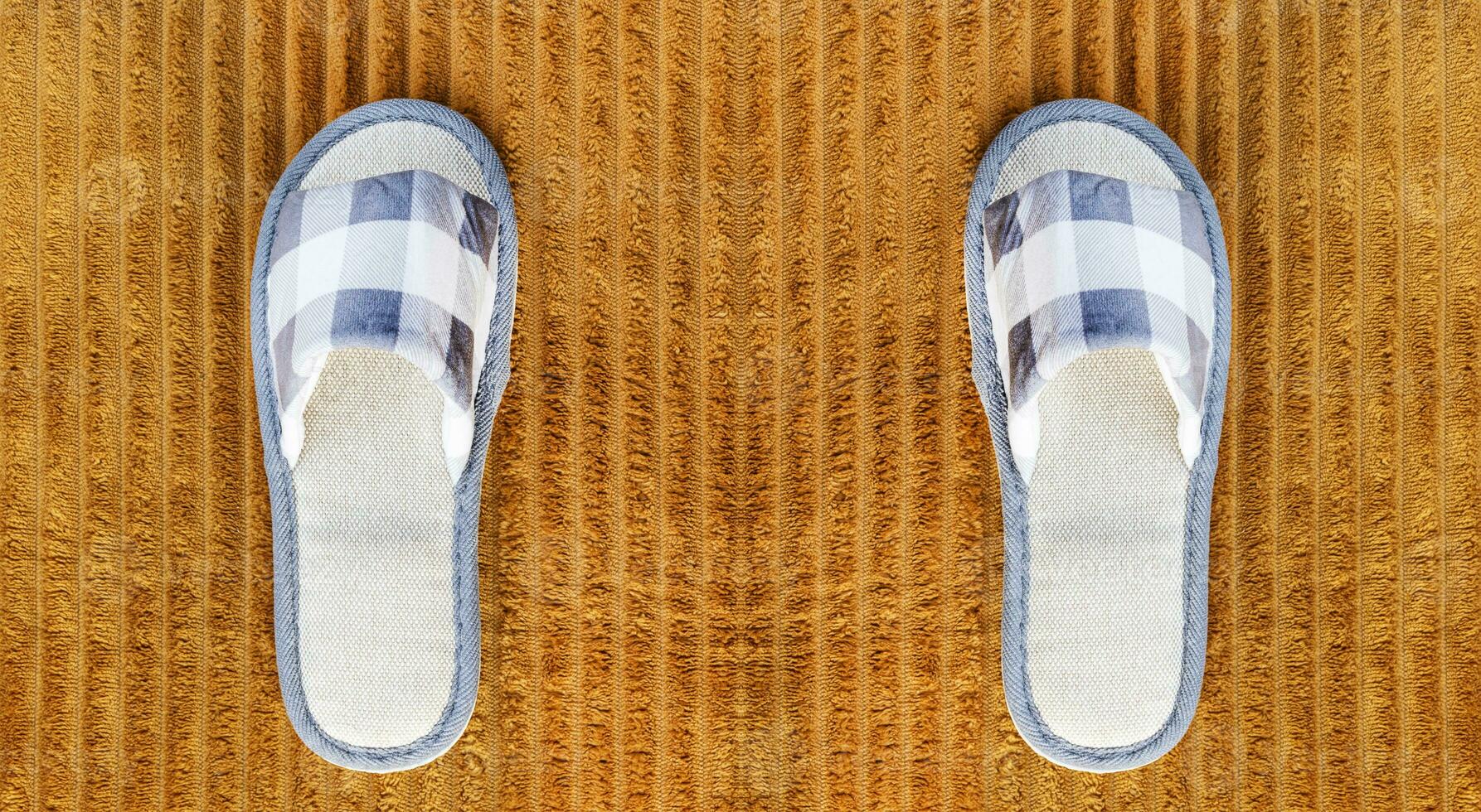grau Hausschuhe Plaid Muster auf braun Fußabtreter foto