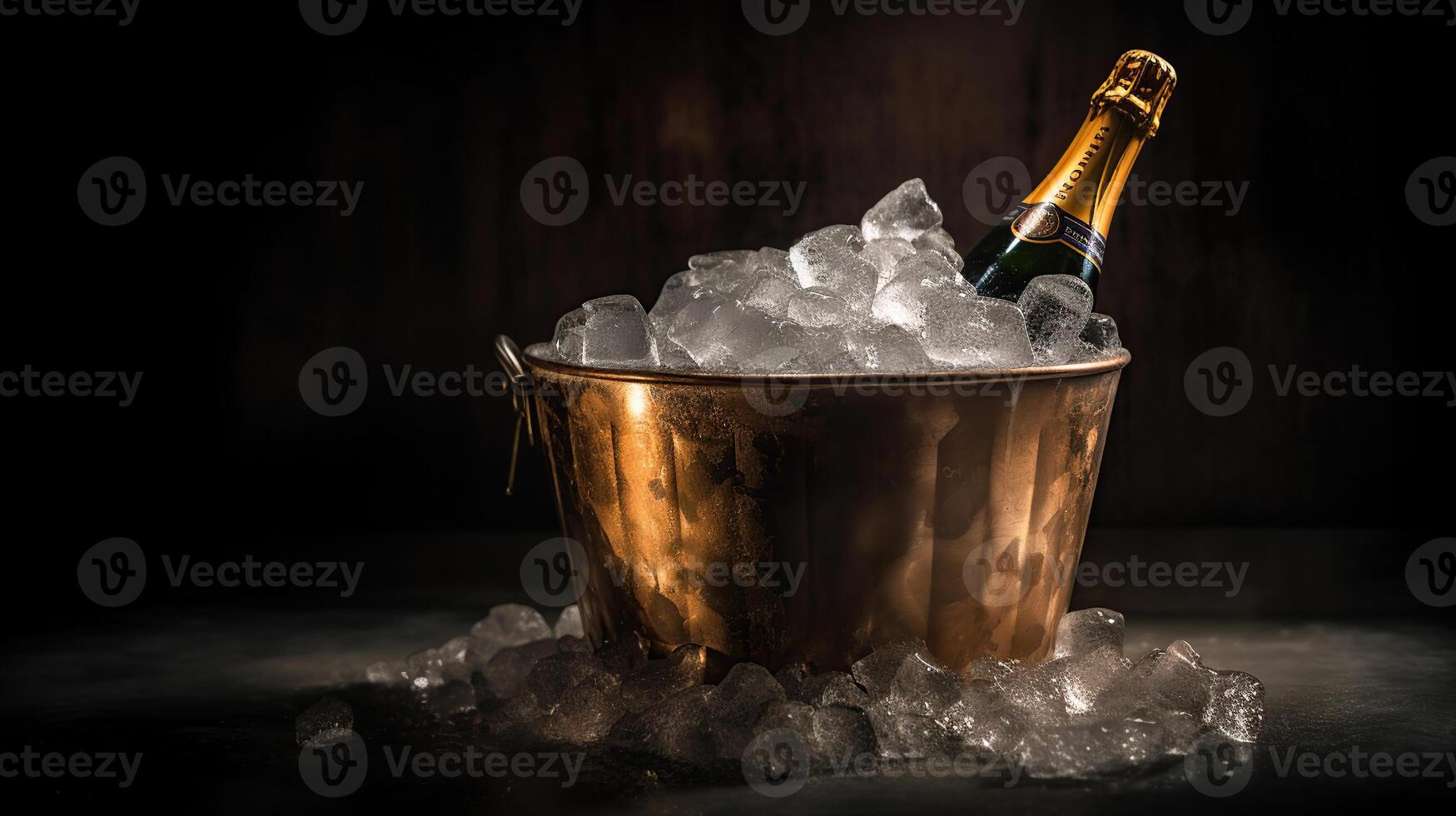Flasche von Champagner im Eimer von Eis, generativ ai foto