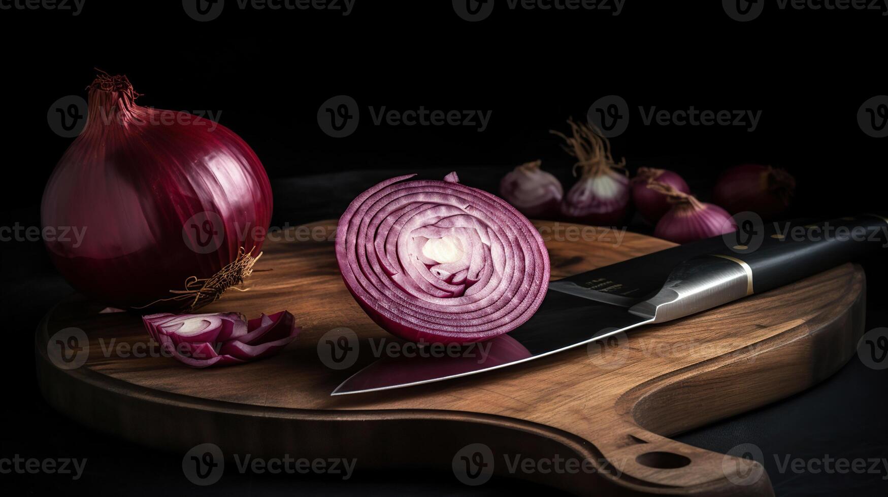 hölzern Tafel mit Schnitt rot Zwiebel und Messer auf dunkel Hintergrund, generativ ai foto