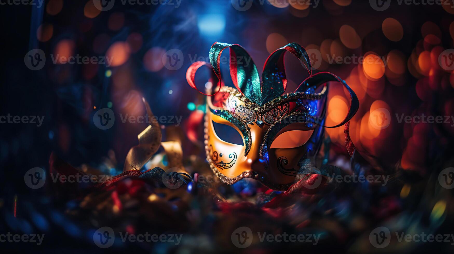 Karneval Party - - venezianisch Maske mit abstrakt defokussiert Bokeh Beleuchtung und glänzend Luftschlangen - - Maskerade Verkleidung Konzept, generativ ai foto