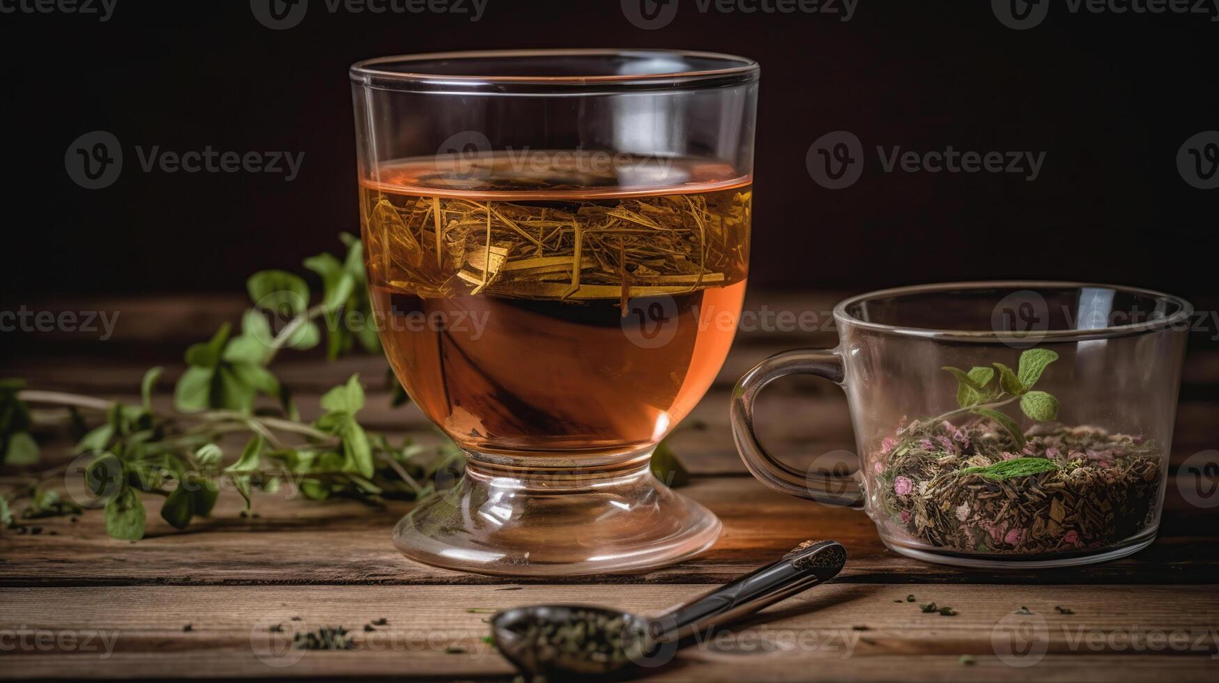 Komposition mit Glas Tasse von Diät Kräuter- Tee und Messung Band auf hölzern Hintergrund, generativ ai foto