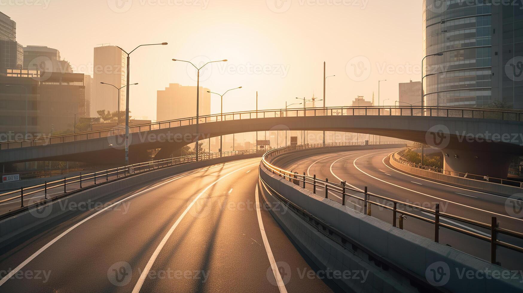gebogen Rampe von ein Autobahn Über Straßen beim Sonnenaufgang mit Erleuchtung und Vorbeigehen Straße Verkehr, generativ ai foto