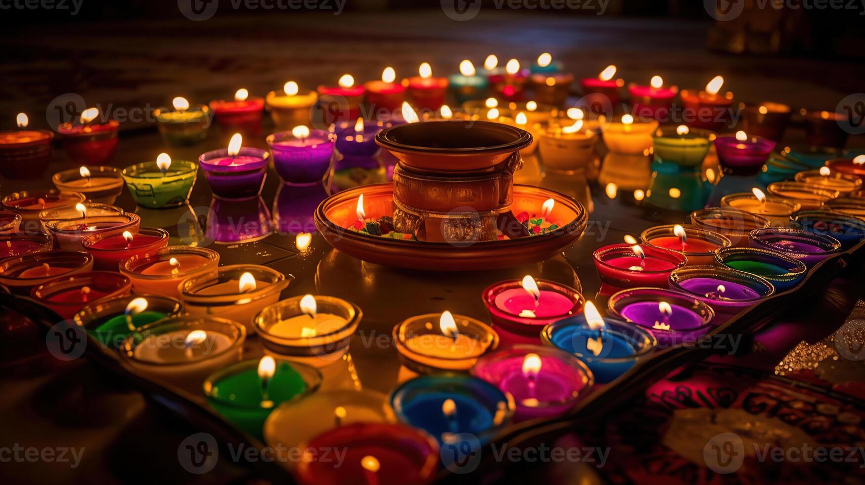 Diwali Feier - - Diya Öl Lampen zündete auf bunt Rangoli, generativ ai foto