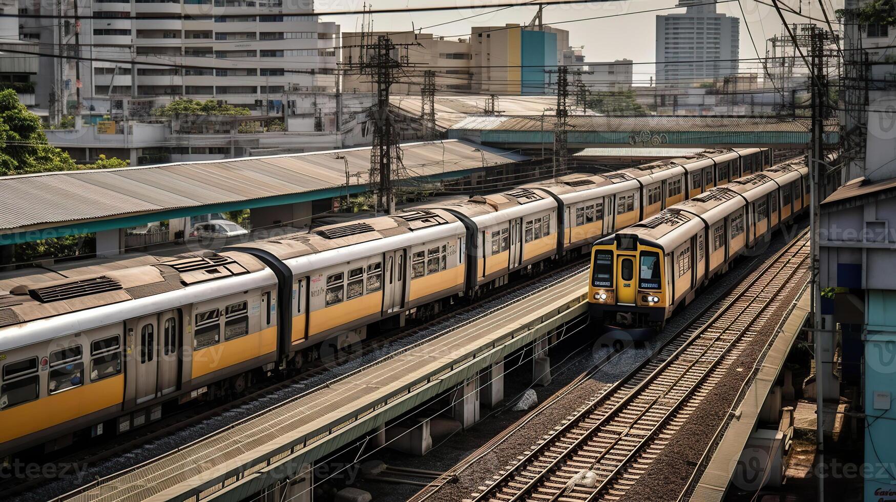 Zug Bahnhof mit ziehen um Zug Masse Transport, generativ ai foto