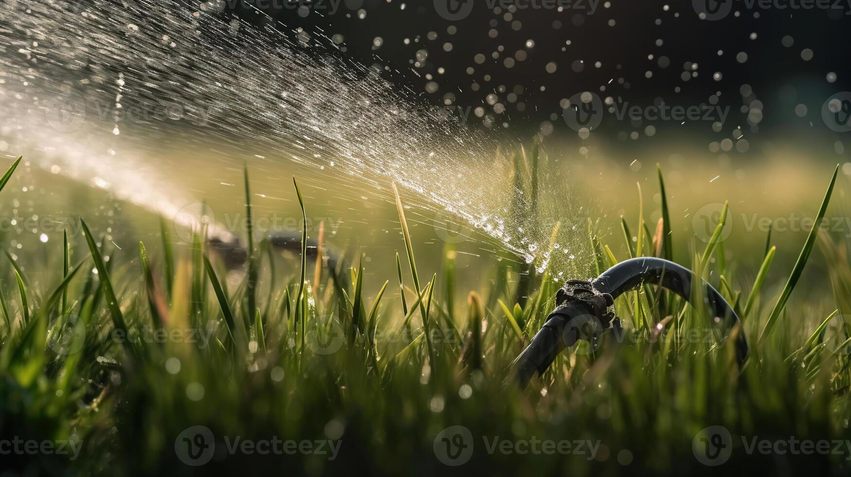 Wasser Sprühen von Schlauch auf Grün Gras draußen, Nahaufnahme, generativ ai foto