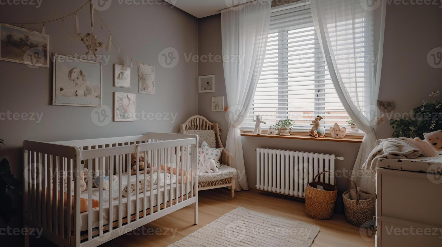 modern Innere von gemütlich Zimmer mit groß Bett und komfortabel Baby Krippe, generativ ai foto