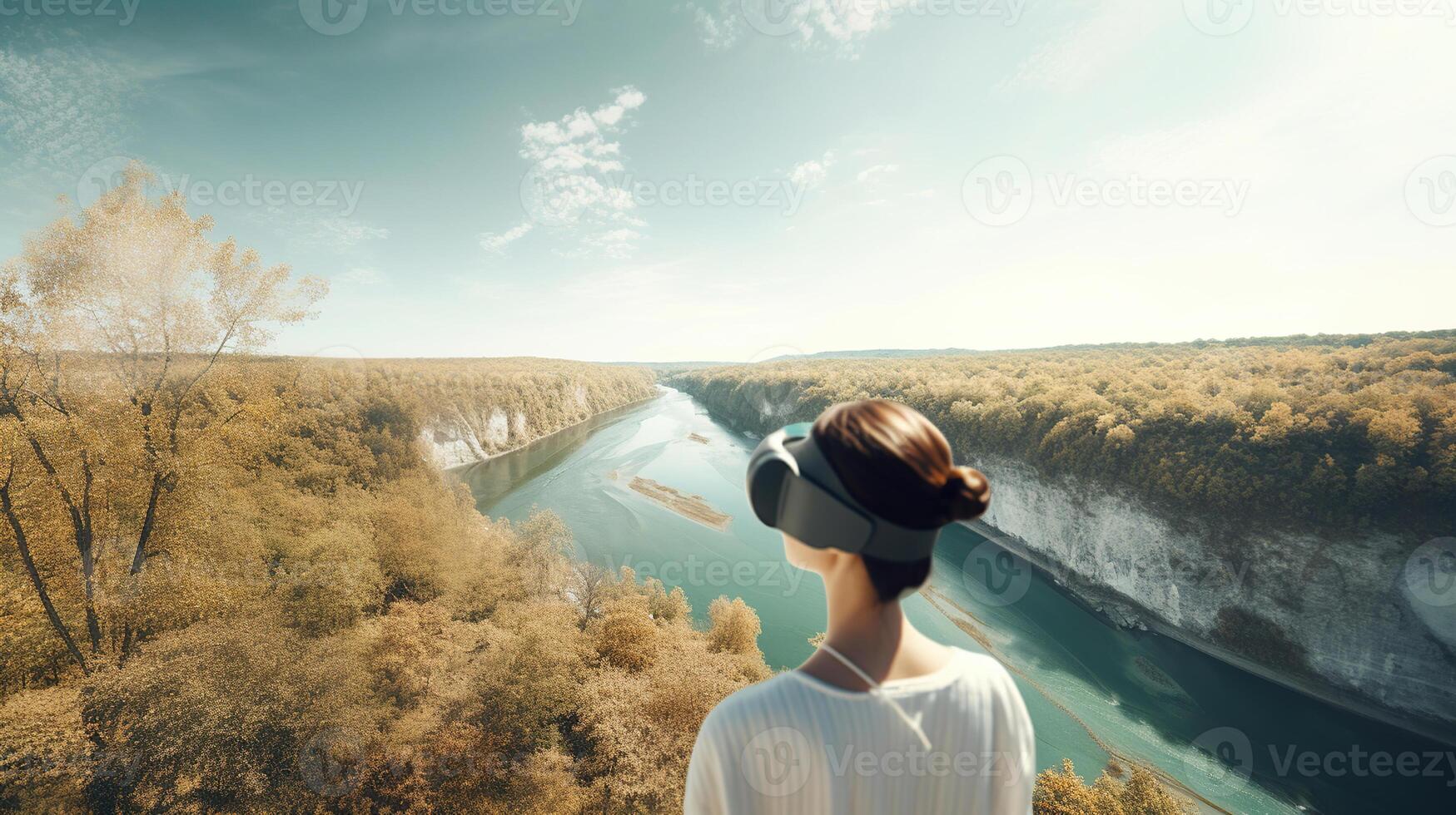 Frau Anzeigen ein schön natürlich Panorama mit Fluss im vr, virtuell Reise Konzept, generativ ai foto