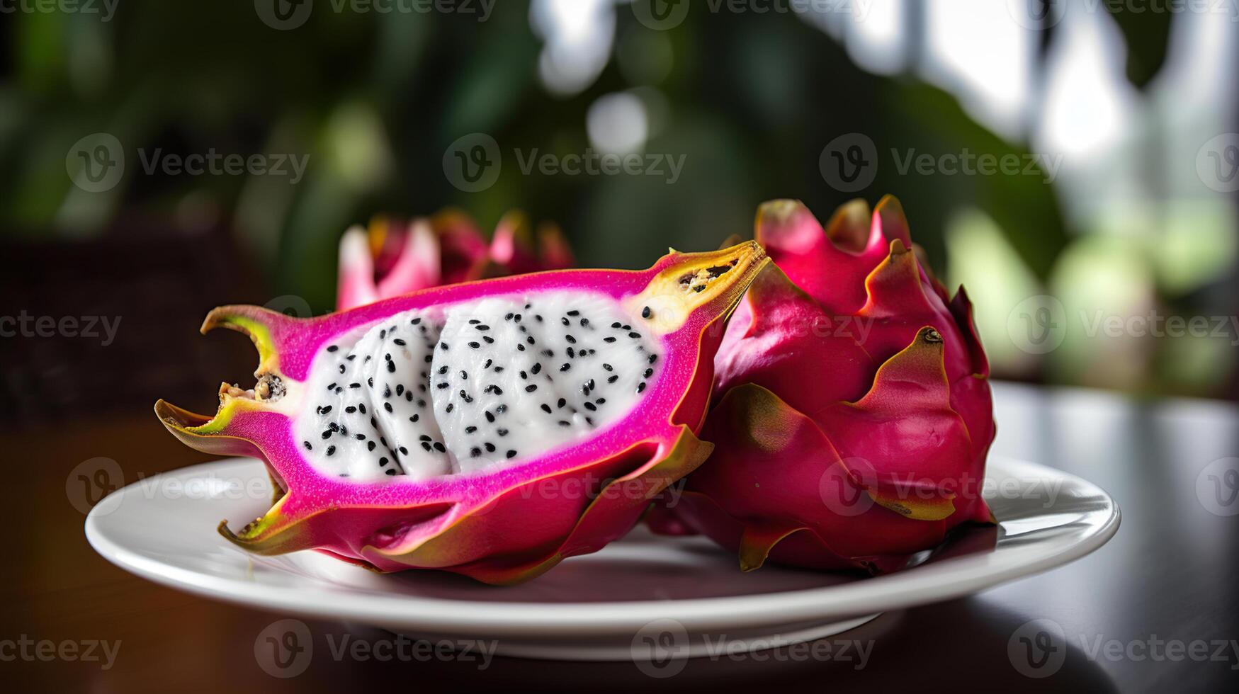 Drachen Obst Scheibe auf Weiß Teller mit verwischen Hintergrund, frisch Weiß und Rosa rot lila Drachen Obst tropisch, generativ ai foto