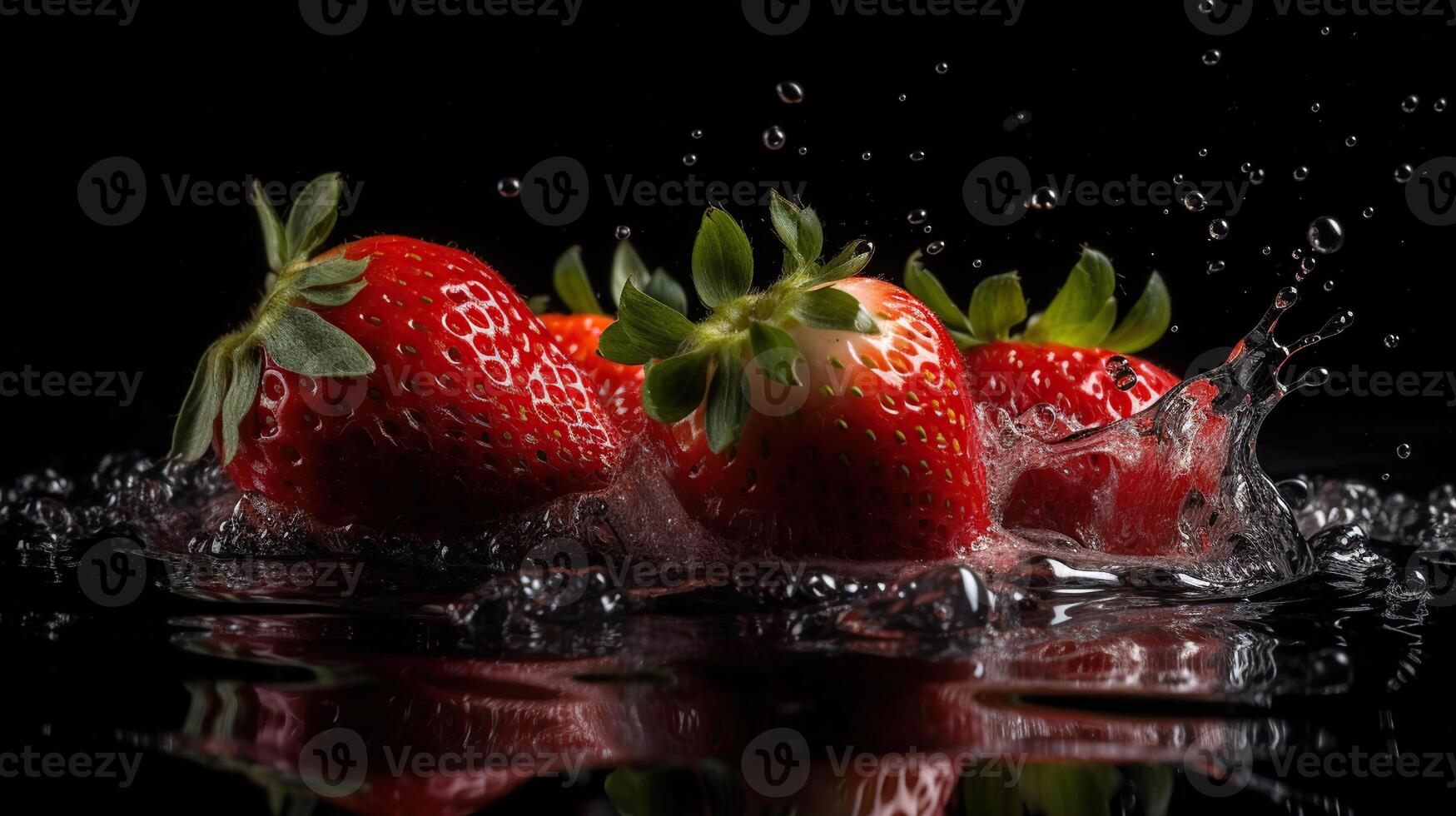 Erdbeeren fallen in ein Panzer von Wasser zeigen Bewegung und Spritzer, Schuss gegen ein schwarz Hintergrund, generativ ai foto